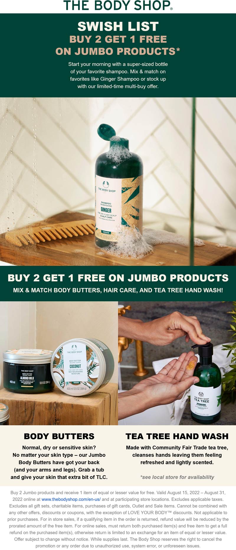 The Body Shop stores Coupon  3rd jumbo item free today at The Body Shop, ditto online #thebodyshop 