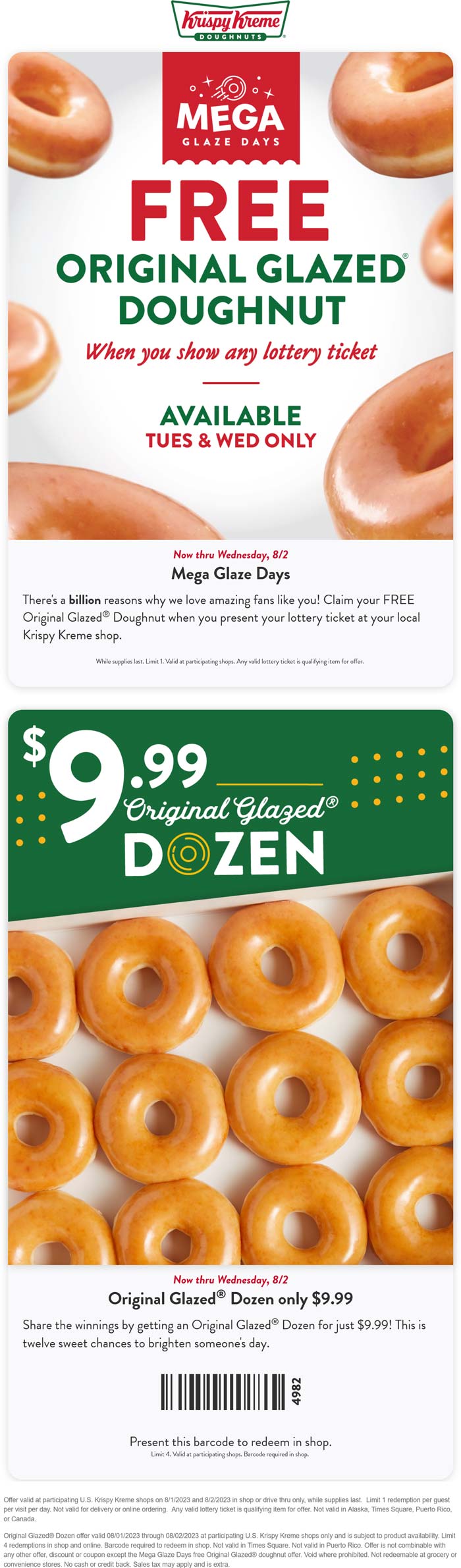 Krispy Kreme restaurants Coupon  Free doughnut Tues with your lottery ticket & $10 dozen Weds at Krispy Kreme #krispykreme 