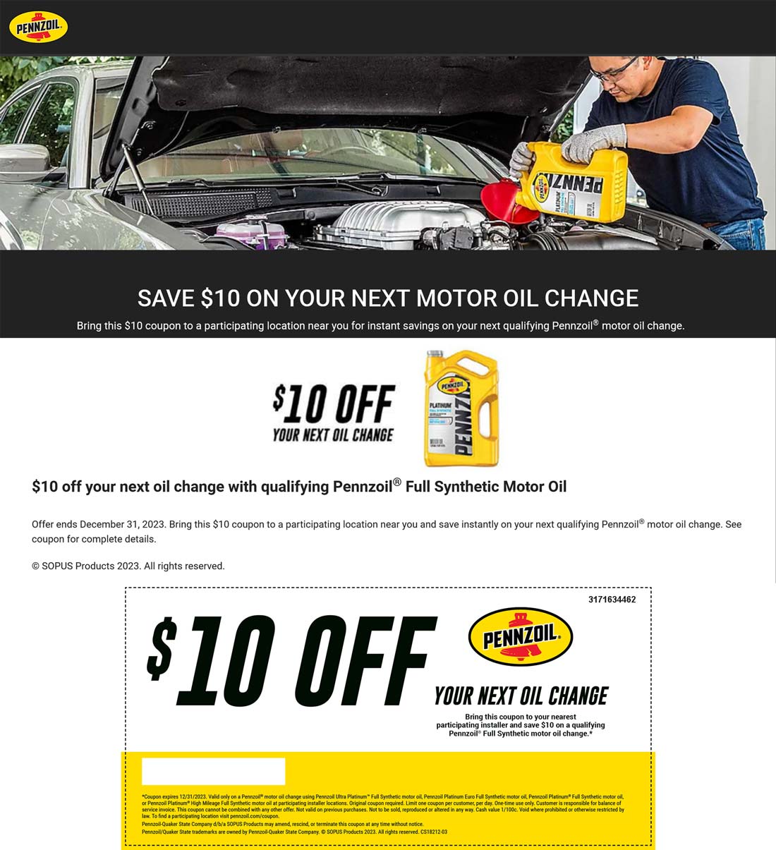 Pennzoil stores Coupon  $10 off a Pennzoil synthetic at most competing oil change facilities #pennzoil 