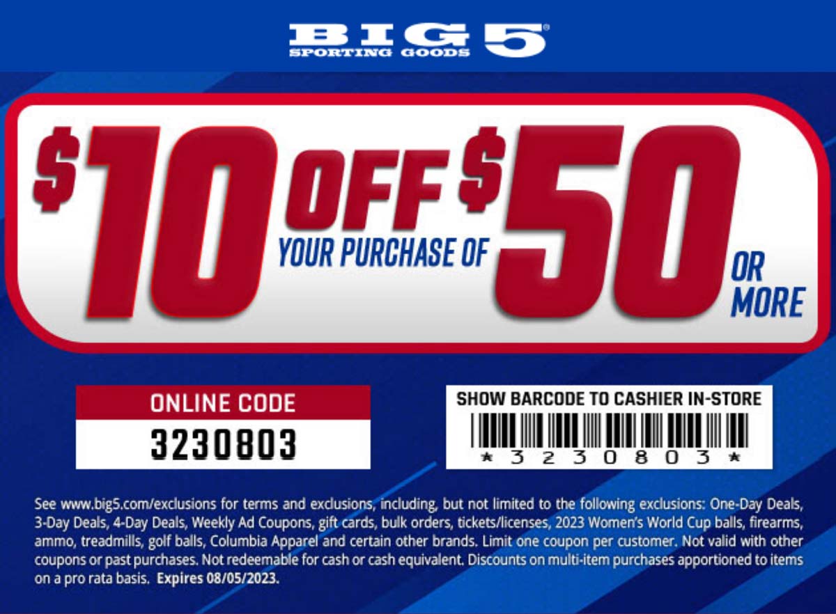 Big 5 stores Coupon  $10 off $50 at Big 5 sporting goods, or online via promo code 3230803 #big5 