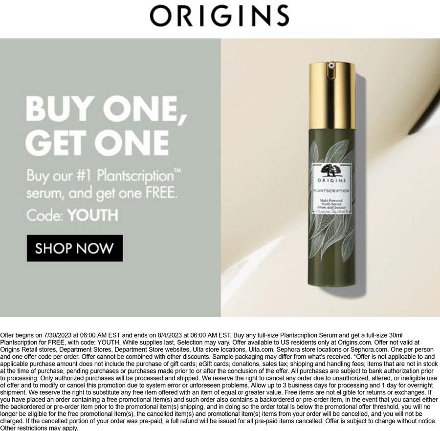 Origins stores Coupon  Second plantscription serum free today at Origins via promo code YOUTH #origins 