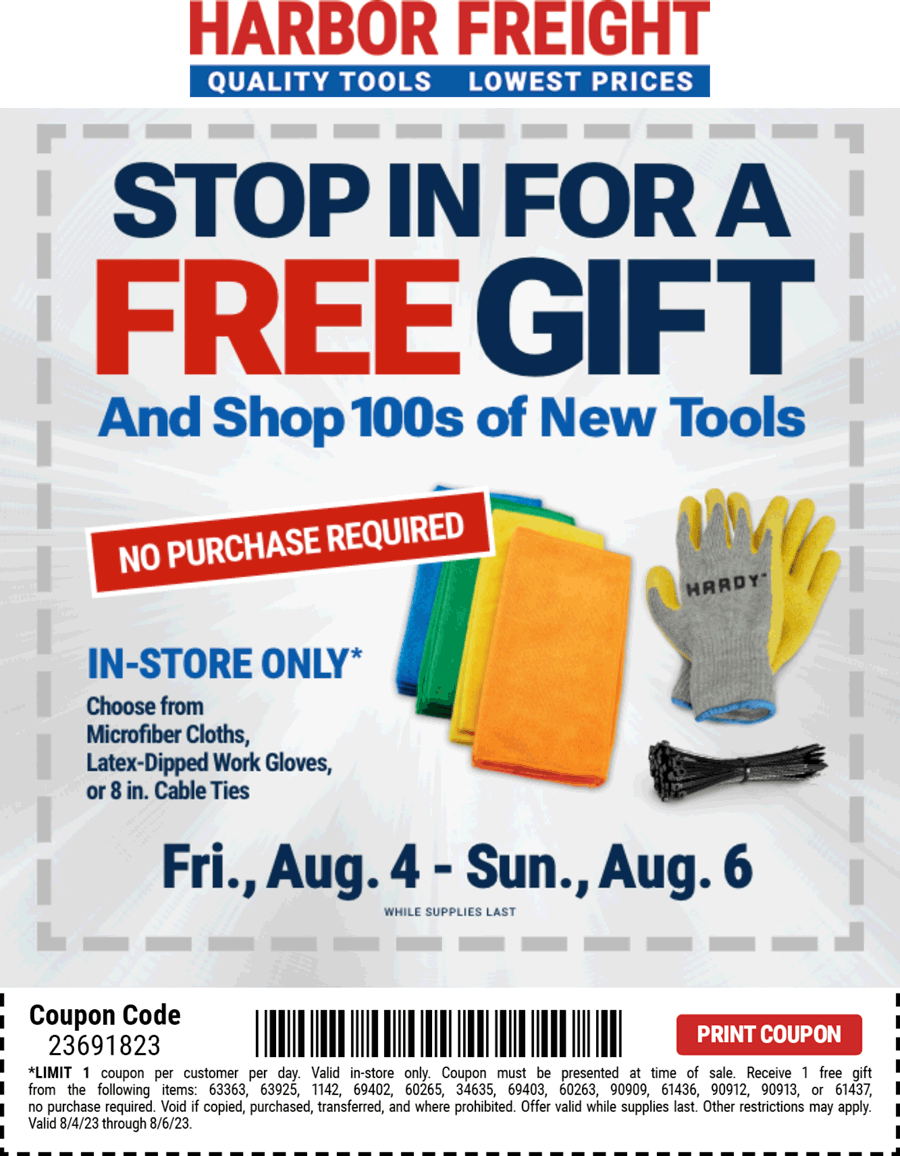 Harbor Freight stores Coupon  Various free gift choices at Harbor Freight tools, no purchase necessary #harborfreight 