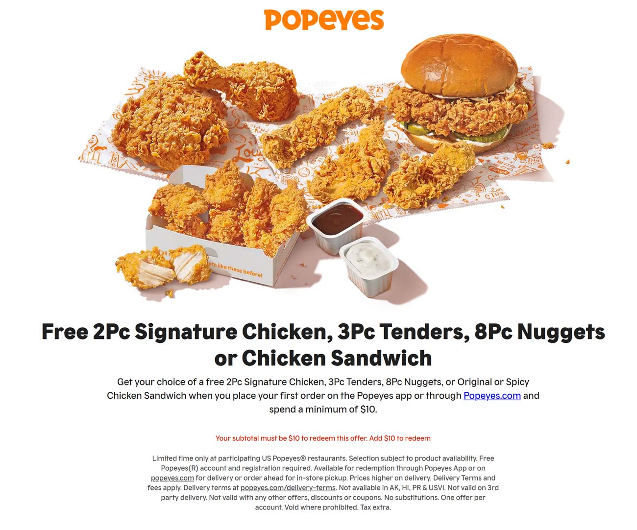 Popeyes restaurants Coupon  Free chicken sandwich or 2pc chicken, tenders or nuggets on $10 online at Popeyes #popeyes 