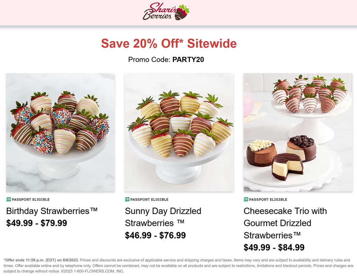 Sharis Berries stores Coupon  20% off gift berry baskets at Sharis Berries via promo code PARTY20 #sharisberries 