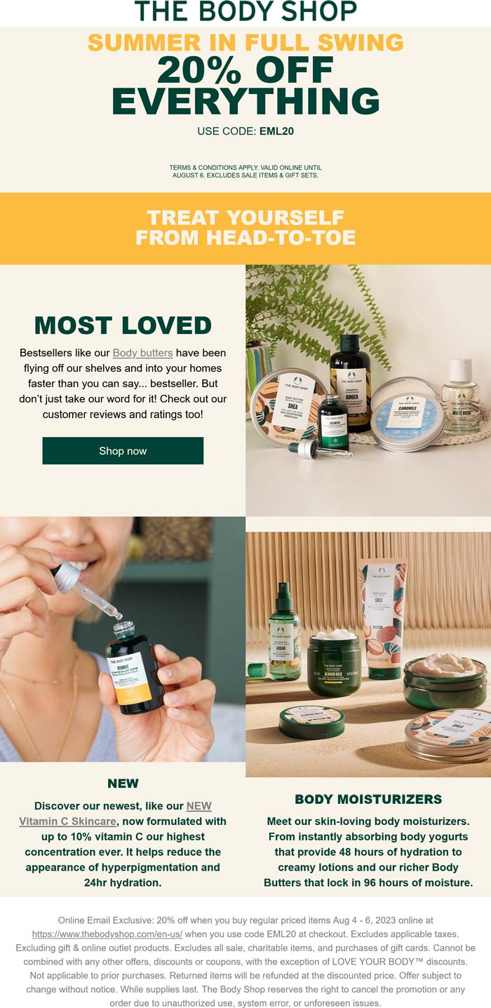 The Body Shop stores Coupon  20% off everything online at The Body Shop via promo code EML20 #thebodyshop 