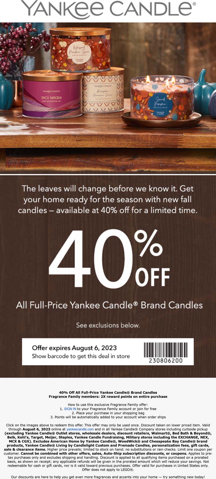 Yankee Candle stores Coupon  40% off all candles at Yankee Candle ditto online #yankeecandle 