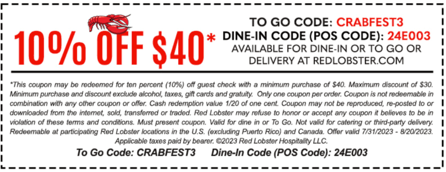 Red Lobster restaurants Coupon  10% off $40 at Red Lobster restaurants via promo code CRABFEST3 #redlobster 