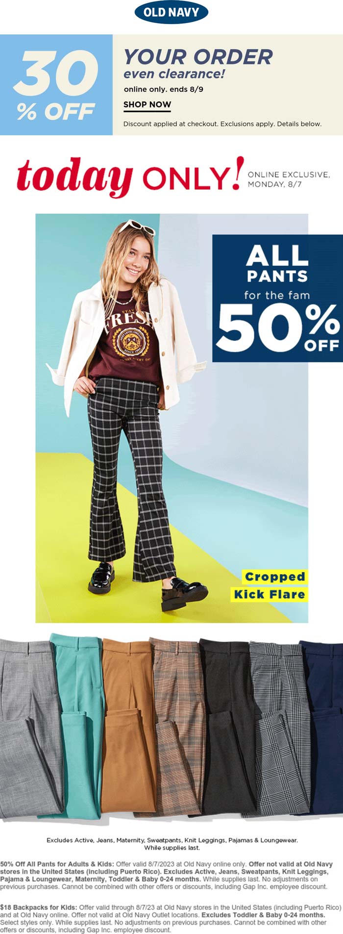 Old Navy stores Coupon  50% off all pants & more online today at Old Navy #oldnavy 