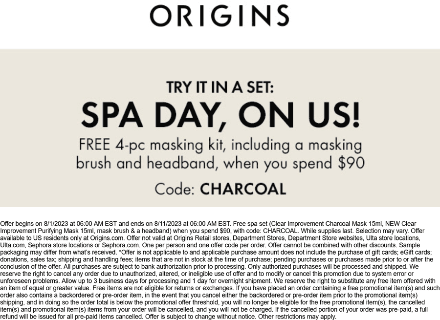 Origins stores Coupon  Free 4pc masking kit with brush and headband on $90 at Origins via promo code CHARCOAL #origins 