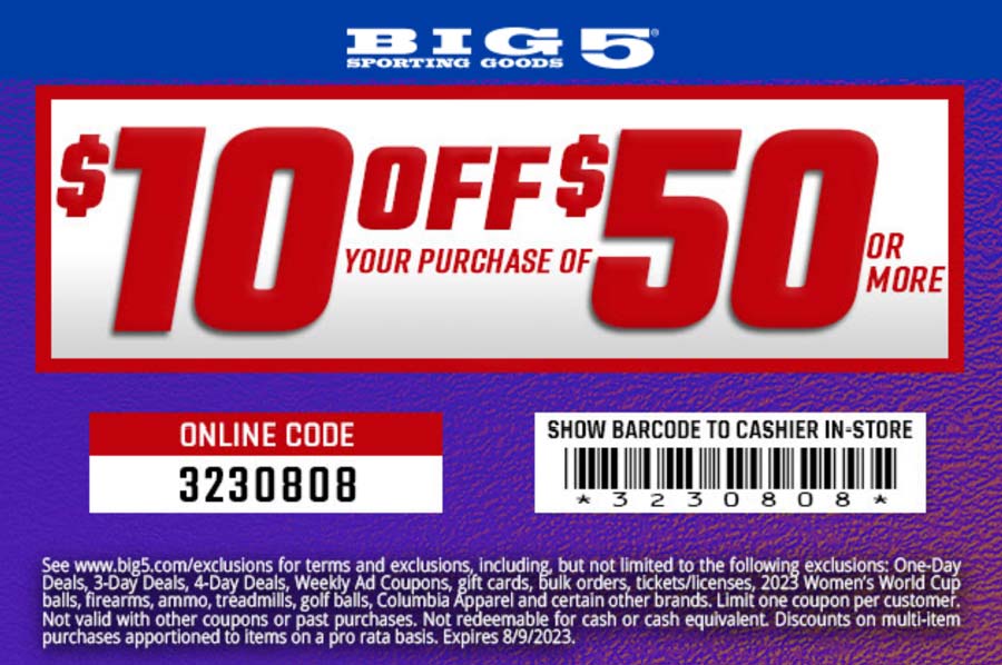 Big 5 stores Coupon  $10 off $50 at Big 5 sporting goods, or online via promo code 3230808 #big5 