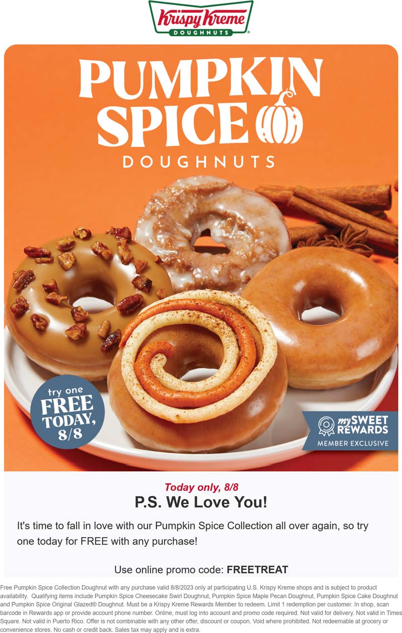 Krispy Kreme restaurants Coupon  Free pumpkin spice doughnut today at Krispy Kreme via promo code FREETREAT #krispykreme 