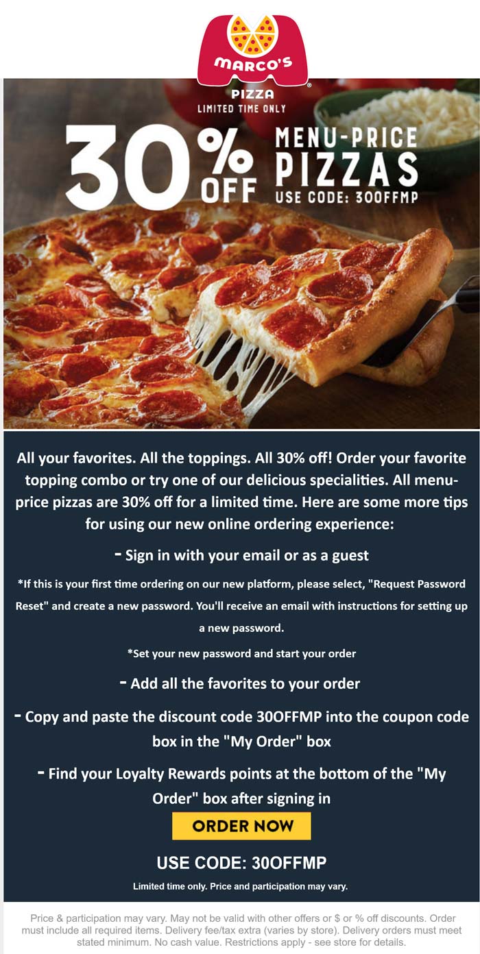 Marcos Pizza restaurants Coupon  30% off at Marcos Pizza via promo code 30OFFMP #marcospizza 