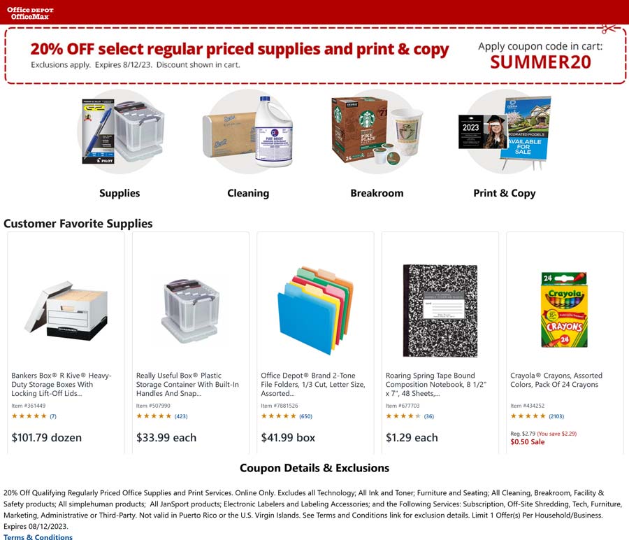 Office Depot stores Coupon  20% off at Office Depot OfficeMax via promo code SUMMER20 #officedepot 