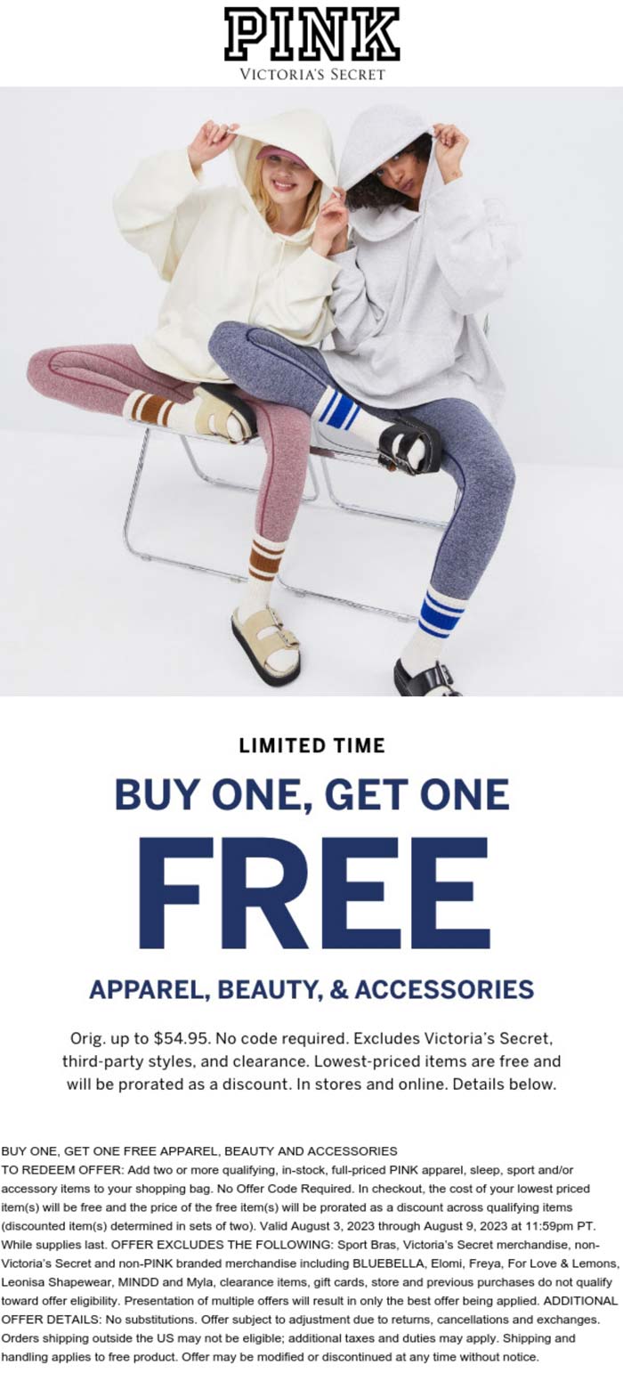 PINK stores Coupon  Second apparel beauty & accessory free at PINK, ditto online #pink 