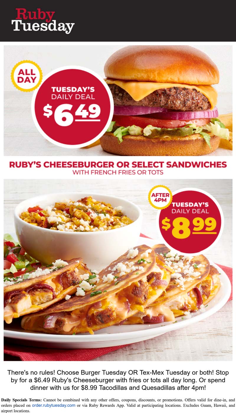 Ruby Tuesday restaurants Coupon  Cheeseburger or chicken sandwich + fries = $6.49 & more today at Ruby Tuesday #rubytuesday 