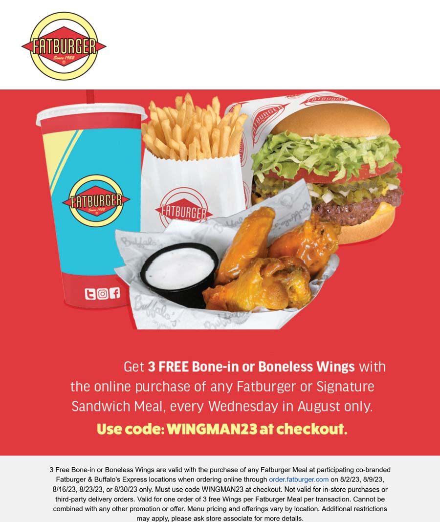 Fatburger restaurants Coupon  3 free wings with your meal Wednesdays at Fatburger via promo code WINGMAN23 #fatburger 