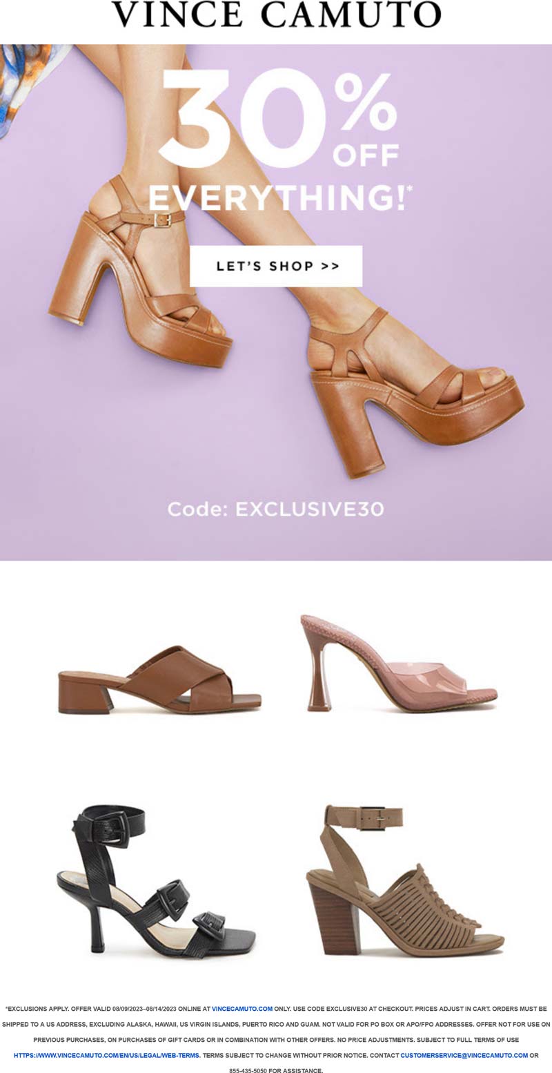 Vince Camuto stores Coupon  30% off everything at Vince Camuto via promo code EXCLUSIVE30 #vincecamuto 