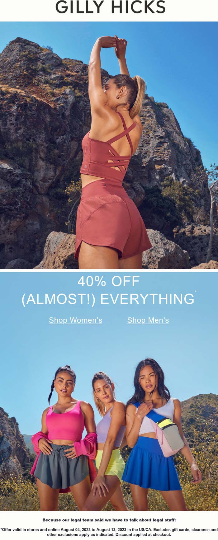 Gilly Hicks stores Coupon  40% off everything at Gilly Hicks, ditto online #gillyhicks 
