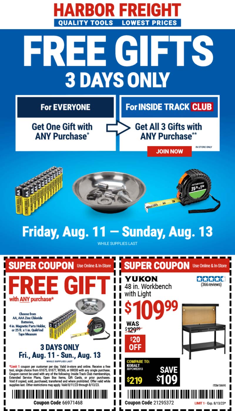 Harbor Freight stores Coupon  Free gift or 3 with any purchase at Harbor Freight Tools #harborfreight 