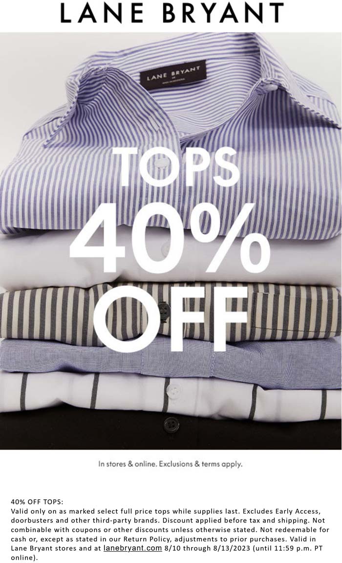 Lane Bryant stores Coupon  40% off tops at Lane Bryant, ditto online #lanebryant 