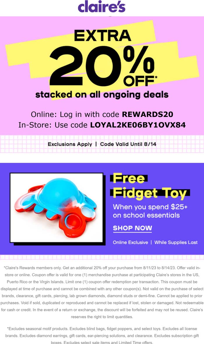 Claires stores Coupon  Extra 20% off at Claires, or online via promo code REWARDS20 #claires 