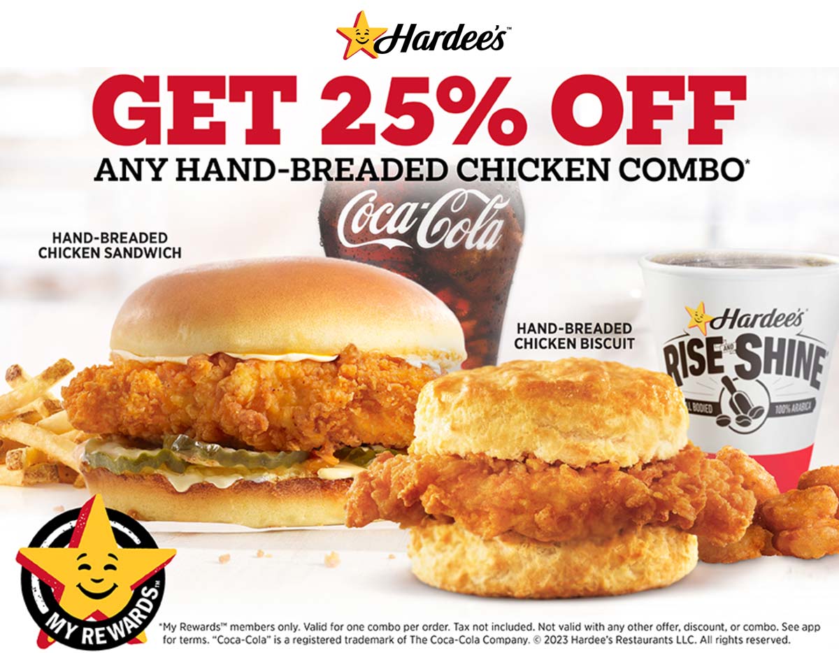 Hardees restaurants Coupon  25% off chicken combo meal via mobile at Hardees #hardees 