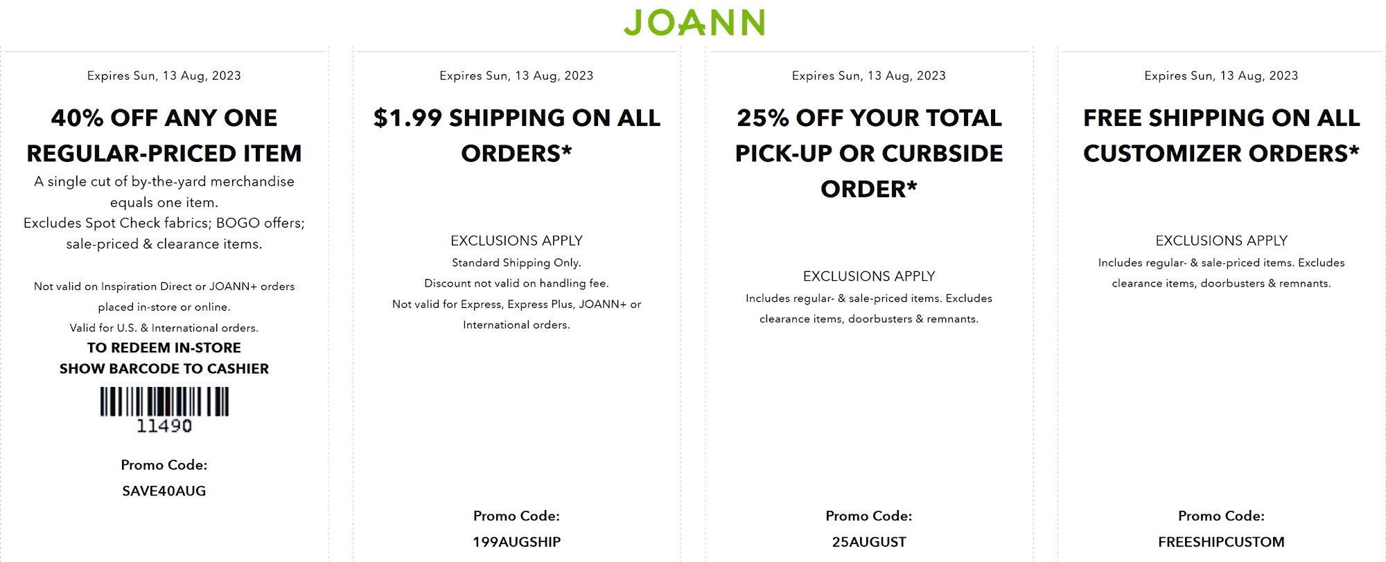 Joann stores Coupon  40% off a single item today at Joann, or online via promo code SAVE40AUG #joann 