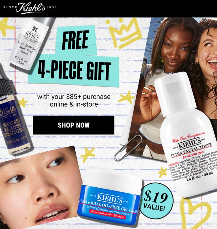 Kiehls stores Coupon  Free 4pc on $85 today at Kiehls, ditto online #kiehls 