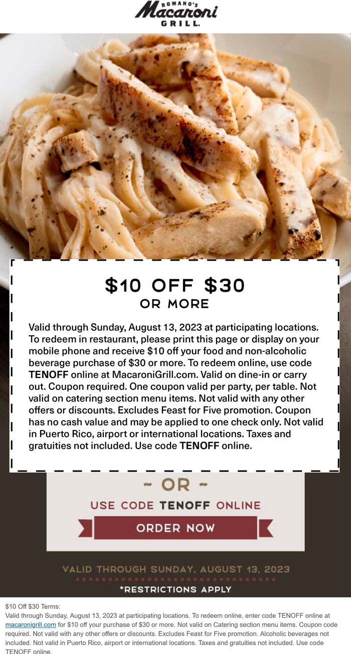 Macaroni Grill restaurants Coupon  $10 off $30 today at Macaroni Grill restaurants, or online via promo code TENOFF #macaronigrill 