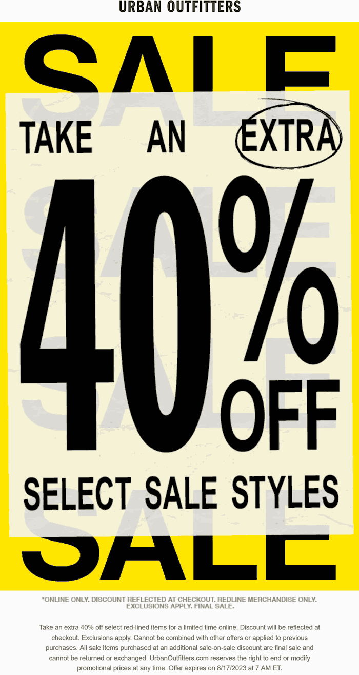 Urban Outfitters stores Coupon  Extra 40% off sale items at Urban Outfitters #urbanoutfitters 