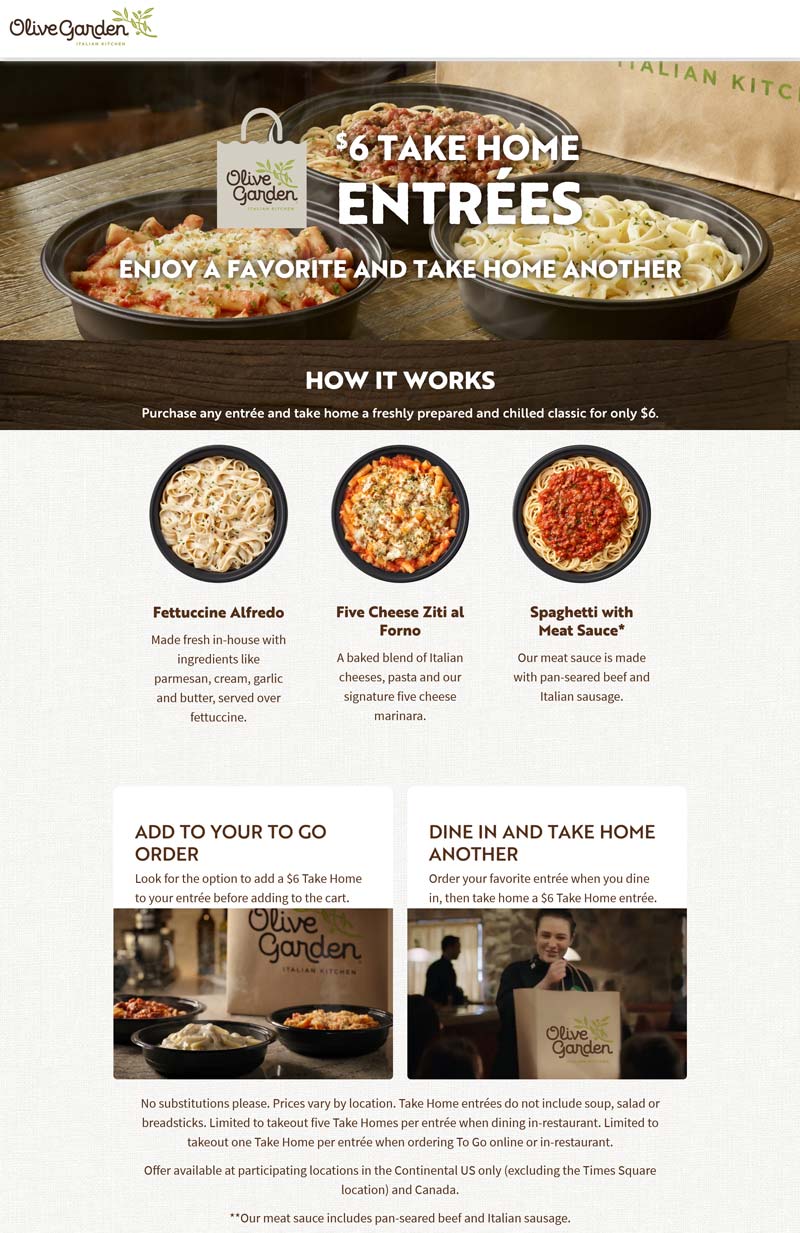Olive Garden restaurants Coupon  $6 take home entrees at Olive Garden restaurants #olivegarden 