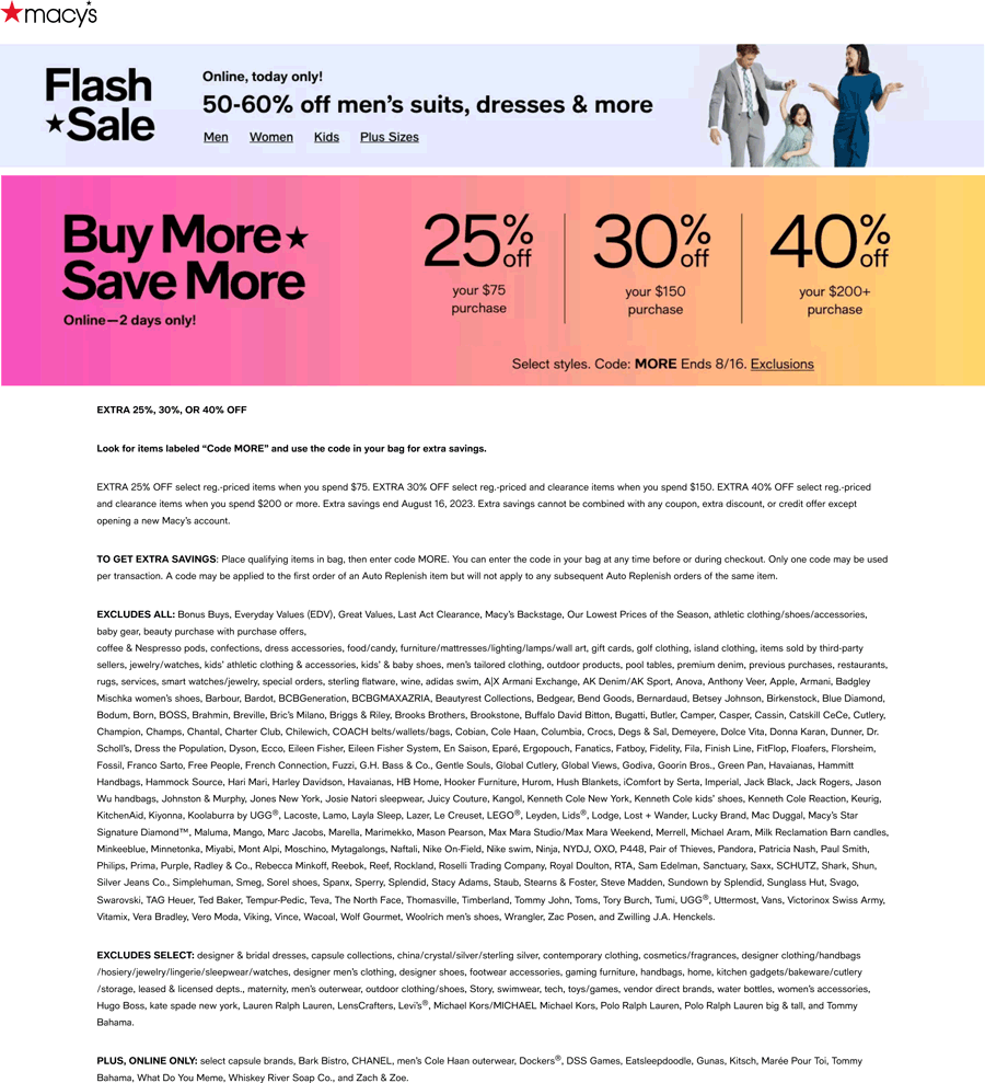 Macys stores Coupon  25-40% off $75+ online at Macys via promo code MORE #macys 