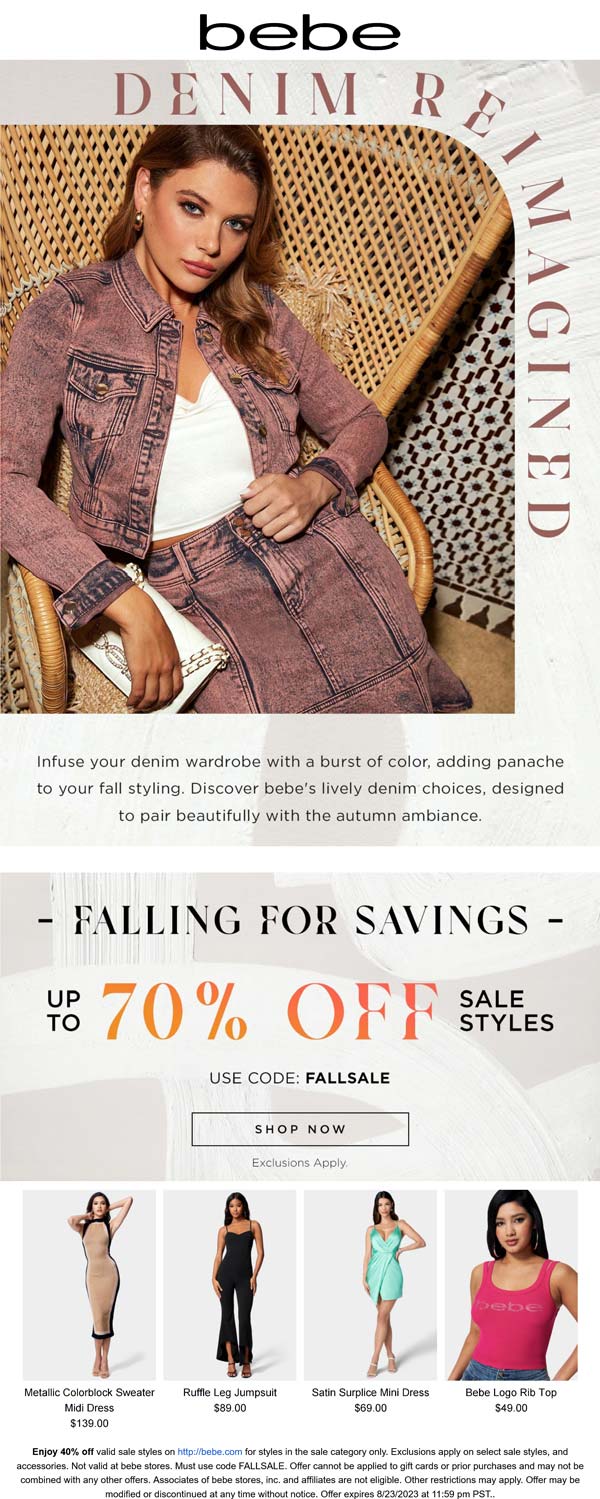 bebe stores Coupon  Extra 40% off sale styles online at bebe via promo code FALLSALE #bebe 