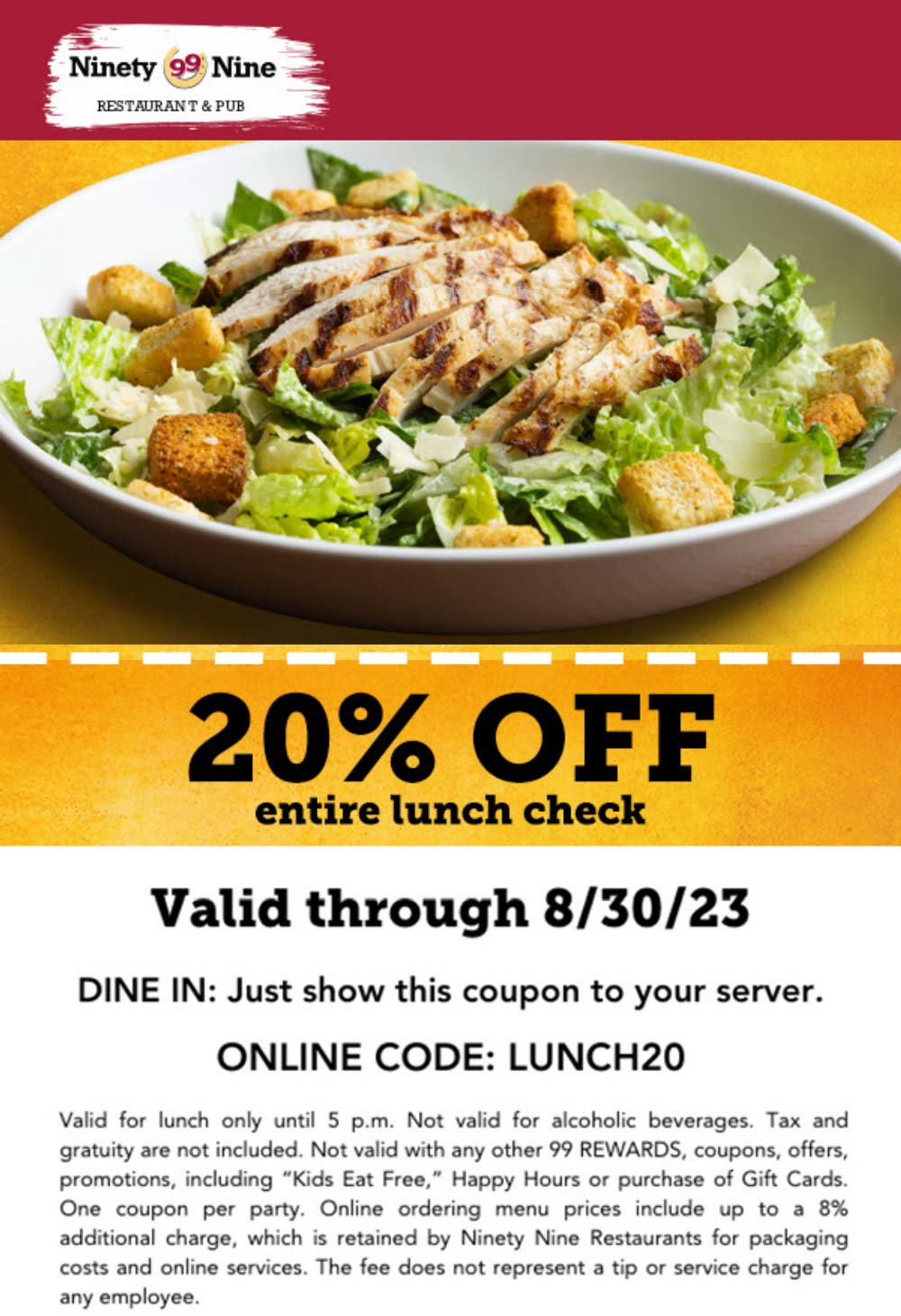 Ninety Nine restaurants Coupon  20% off lunch at Ninety Nine restaurants via promo code LUNCH20 #ninetynine 
