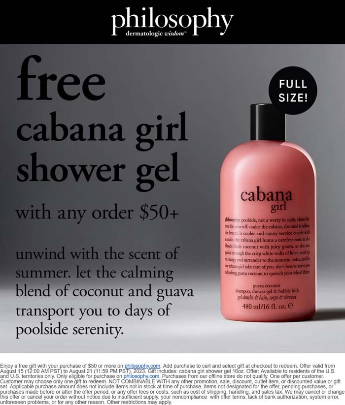 Philosophy stores Coupon  Free full size shower gel on $50 at Philosophy #philosophy 