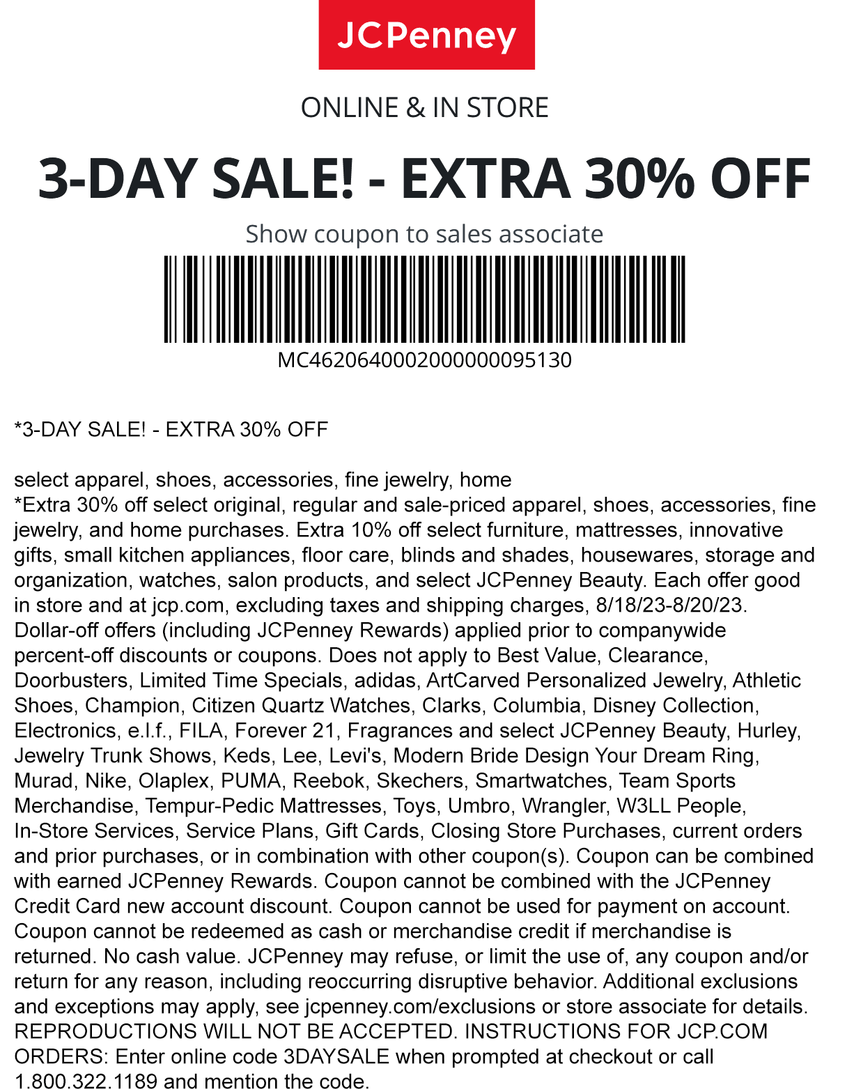 JCPenney stores Coupon  Extra 30% off today at JCPenney, or online via promo code 3DAYSALE #jcpenney 