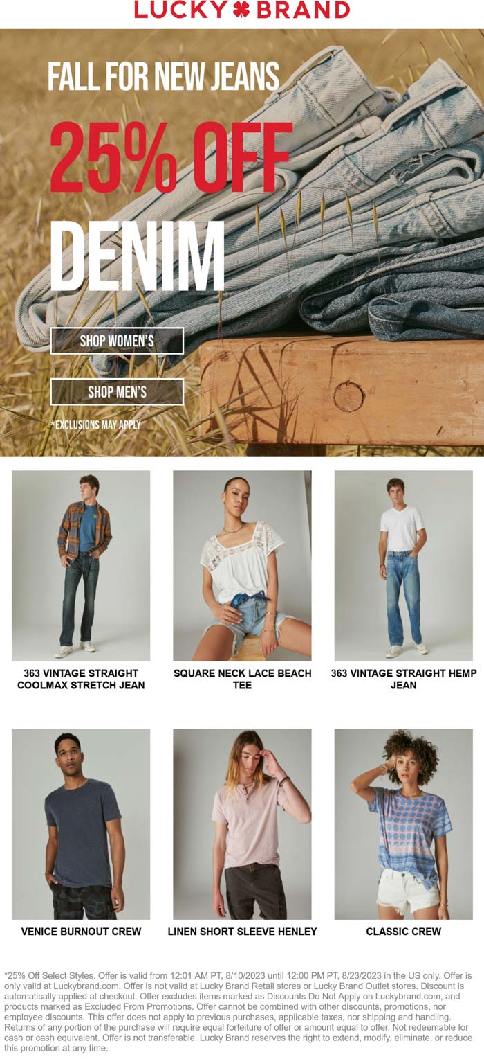 Lucky Brand stores Coupon  25% off denim online at Lucky Brand #luckybrand 