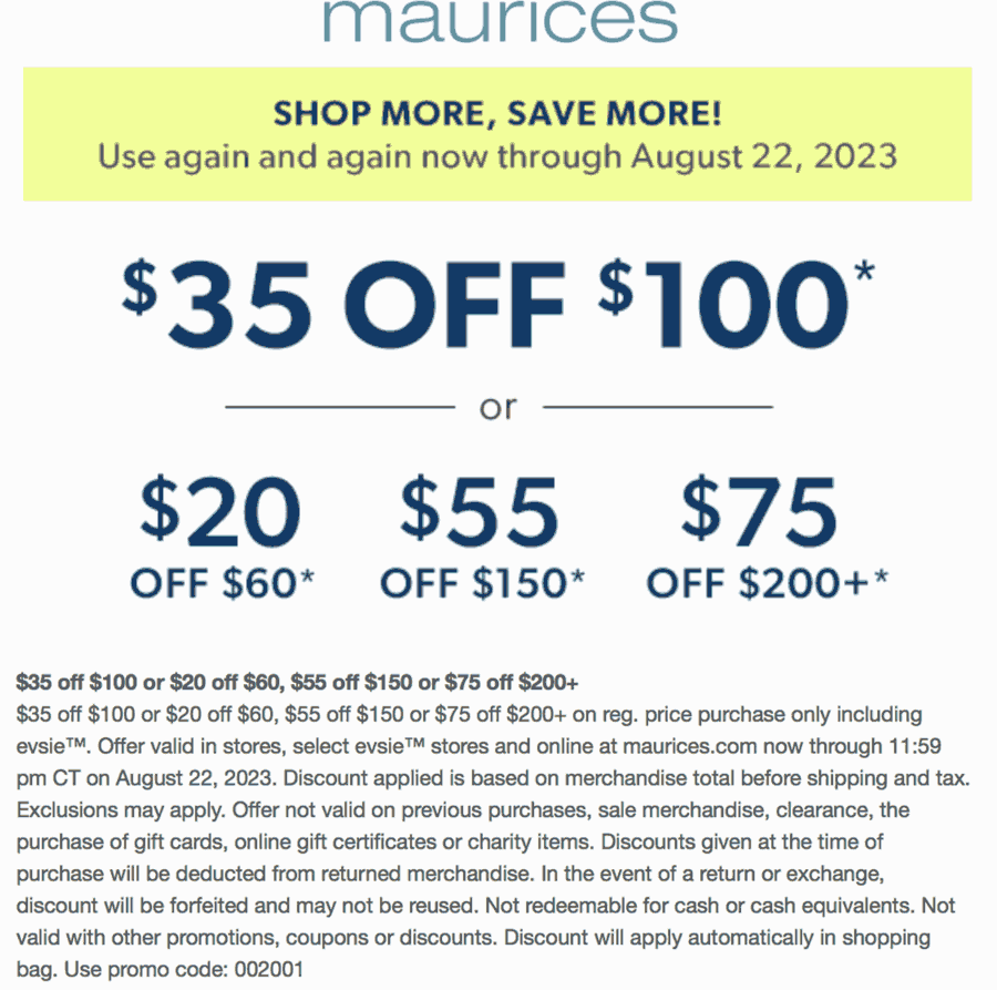 Maurices stores Coupon  $20-$75 off $60+ at Maurices, or online via promo code 002001 #maurices 