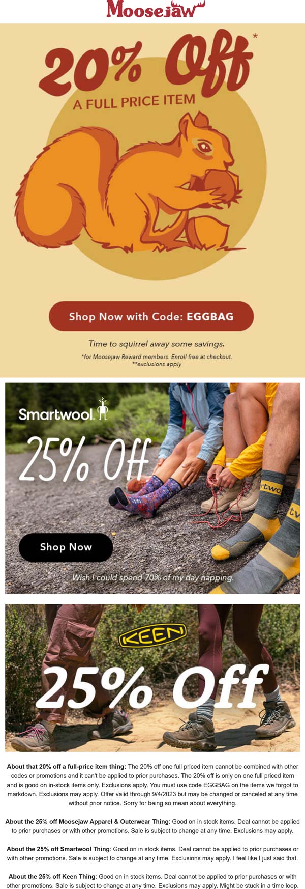 Moosejaw stores Coupon  20% off a single item at Moosejaw via promo code EGGBAG #moosejaw 