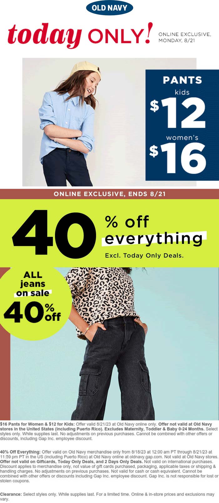 Old Navy stores Coupon  40% off everything online today at Old Navy #oldnavy 