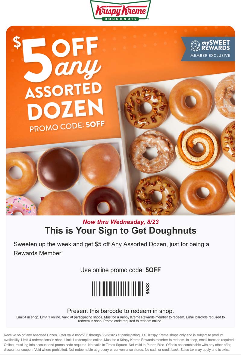 Krispy Kreme stores Coupon  $5 off any assorted dozen at Krispy Kreme, or online via promo code 5OFF #krispykreme 