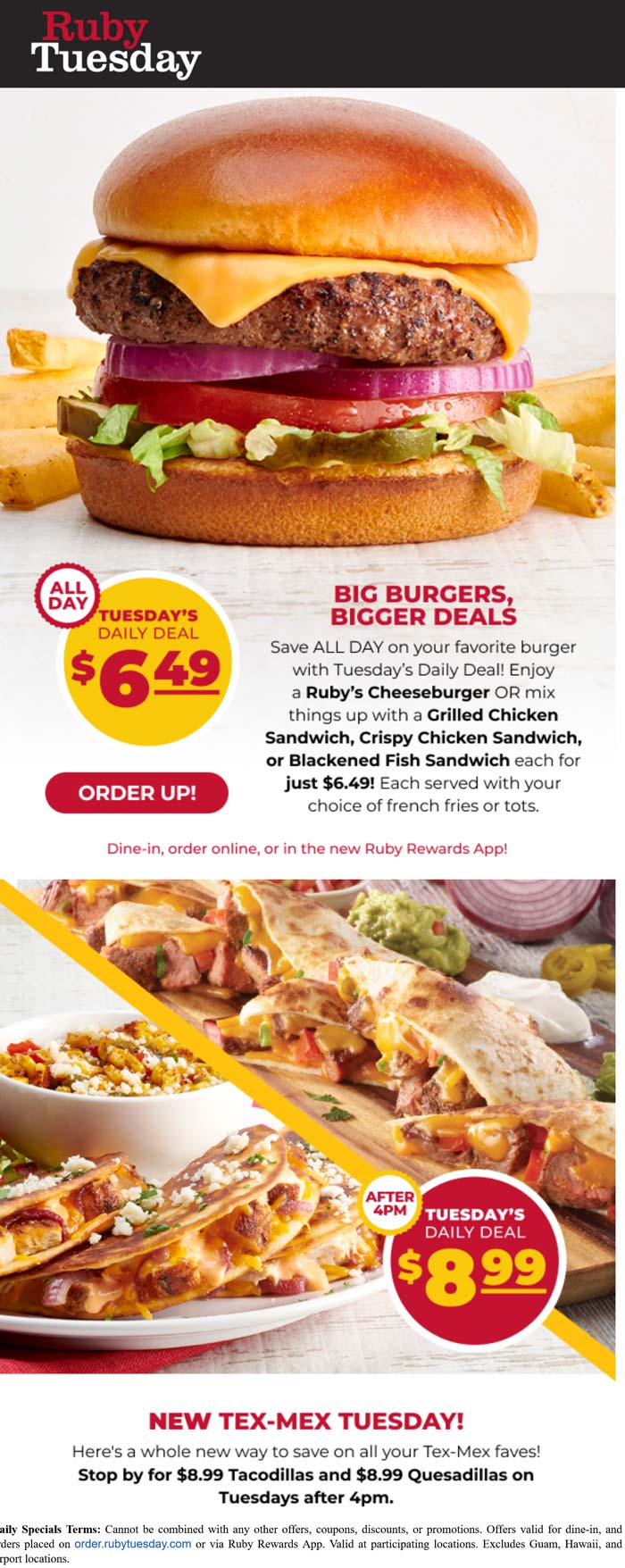 Ruby Tuesday restaurants Coupon  Cheeseburger or chicken + fries = $6.49 & more today at Ruby Tuesday #rubytuesday 