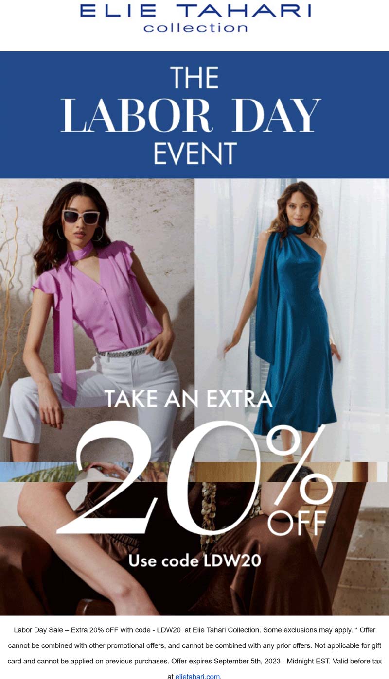 Elie Tahari stores Coupon  Extra 20% off at Elie Tahari via promo code LDW20 #elietahari 