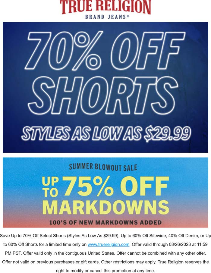 True Religion stores Coupon  70% off shorts & more at True Religion #truereligion 