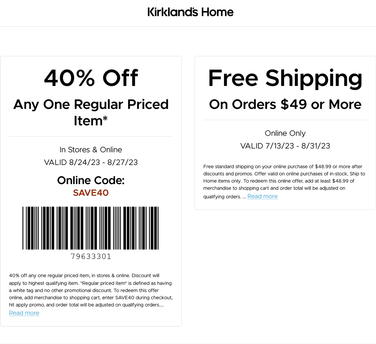 Kirklands stores Coupon  40% off a single item at Kirklands Home, or online via promo coe SAVE40 #kirklands 