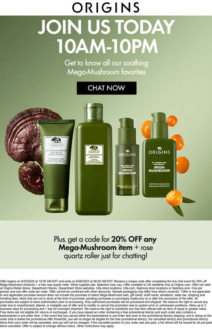 Origins stores Coupon  20% off mega-mushroom + free roller via online live chat today at Origins #origins 