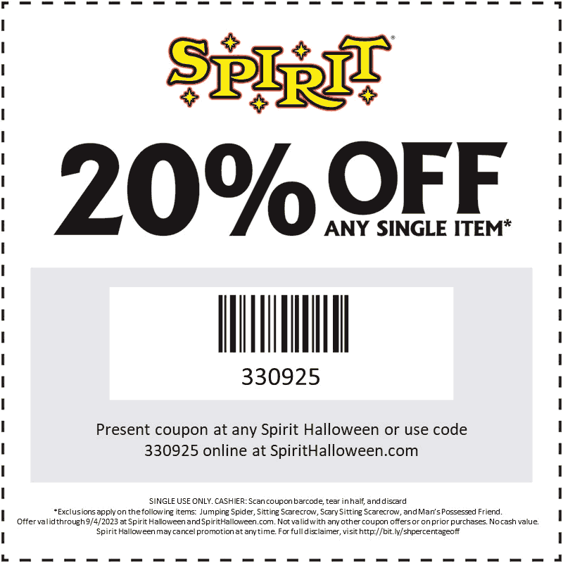 Spirit Halloween stores Coupon  20% off a single item at Spirit Halloween, or online via promo code 330925 #spirithalloween 