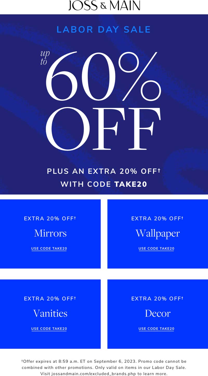 Joss & Main stores Coupon  Extra 20% off at Joss & Main via promo code TAKE20 #jossmain 