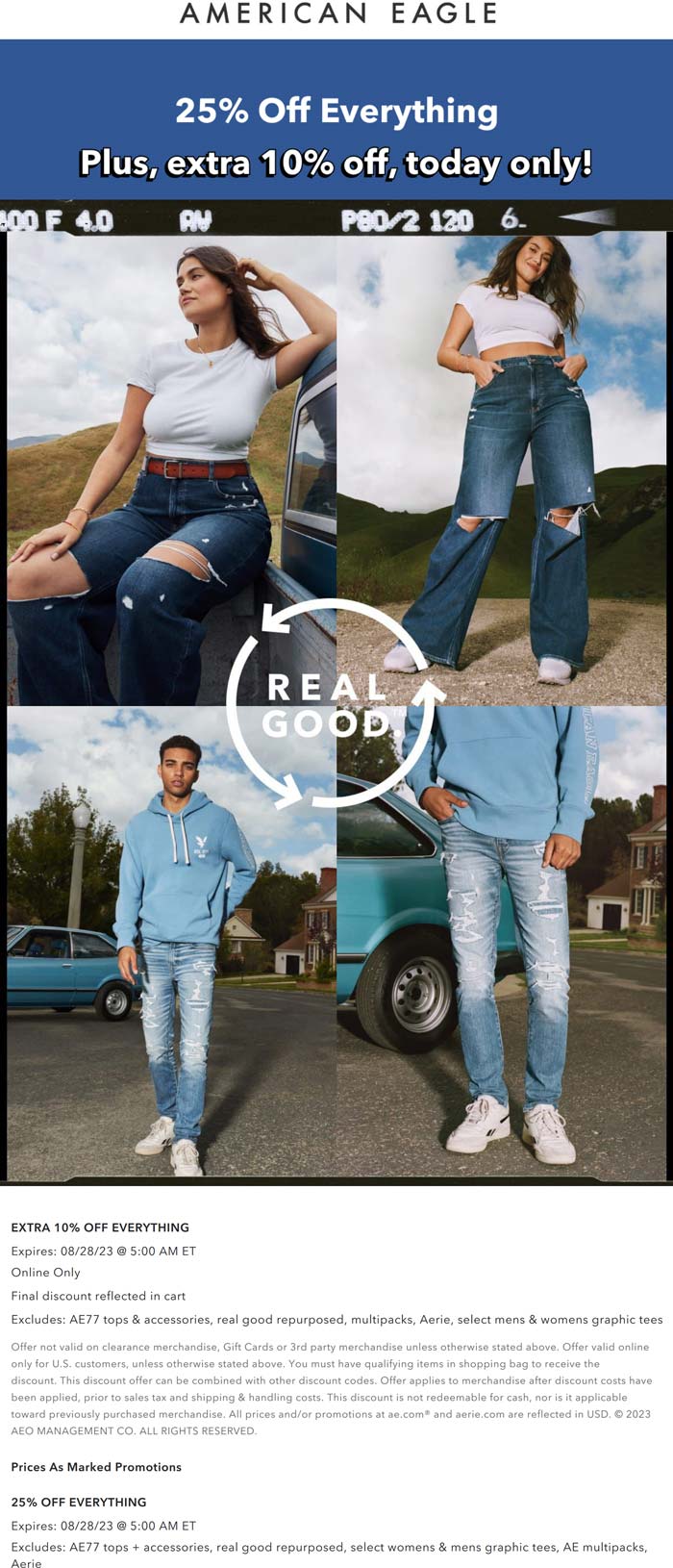 American Eagle stores Coupon  25% off everything today at American Eagle, or 35% off online #americaneagle 