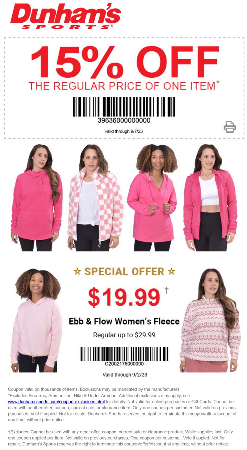 Dunhams Sports stores Coupon  15% off a single item at Dunhams Sports #dunhamssports 